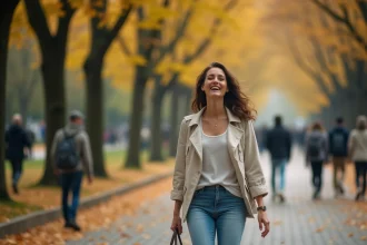 Femme détendue qui rit en se promenant dans un parc urbain, illustrant les bienfaits de sortir pour réduire le stress