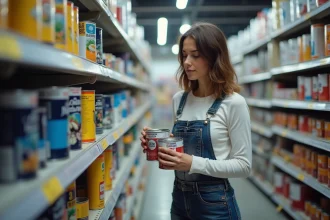 Femme comparant des pots de peinture dans le rayon peinture d'un magasin Leroy Merlin