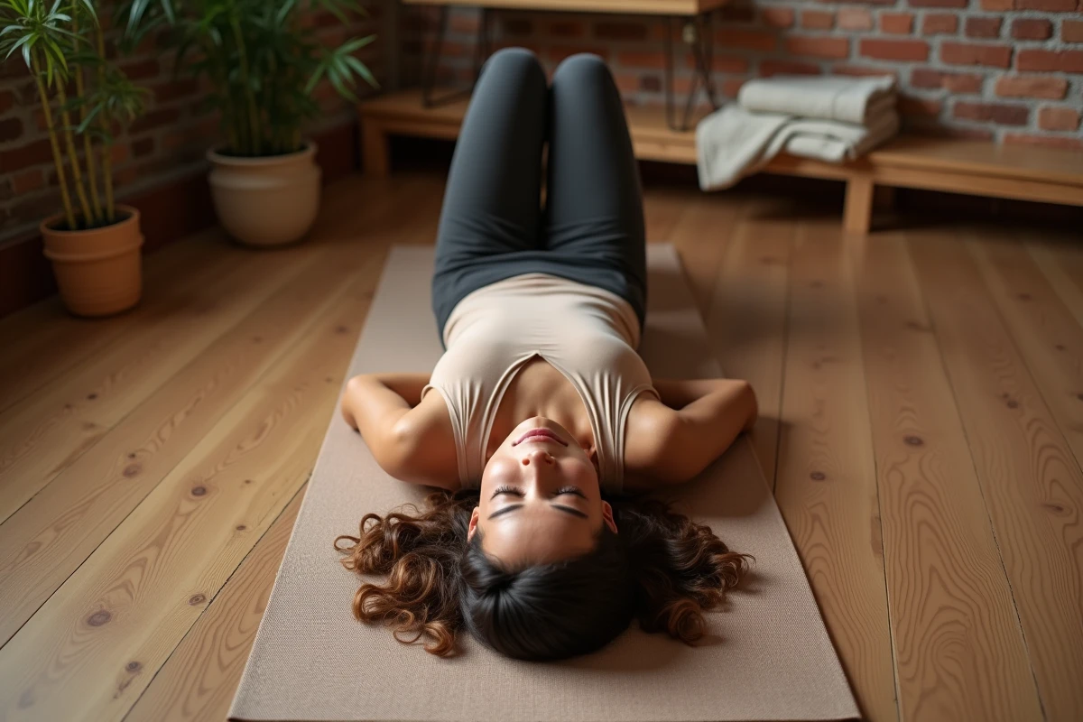 Femme en posture de relaxation de pleine conscience allongée sur un tapis de yoga dans un studio de bien-être vue de dessus