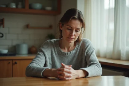 Femme seule à une table de cuisine contemplant son alliance posée sur le bois, symbolisant la séparation conjugale