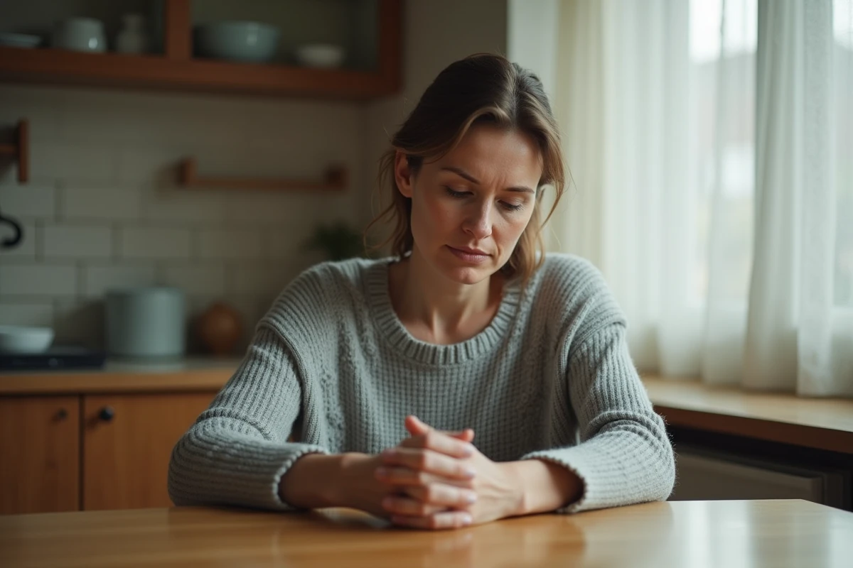 Femme seule à une table de cuisine contemplant son alliance posée sur le bois, symbolisant la séparation conjugale