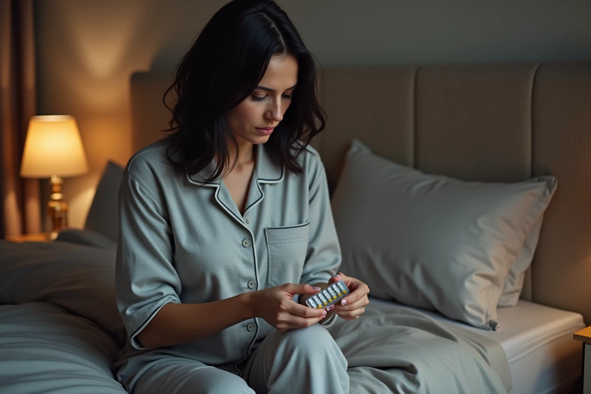 Femme tenant une boîte de somnifères sans ordonnance assise sur son lit le soir