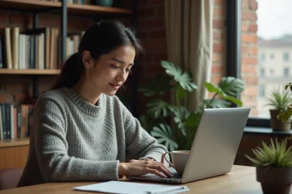Femme en télétravail concentrée devant son ordinateur portable dans un bureau à domicile cosy avec des plantes et des étagères