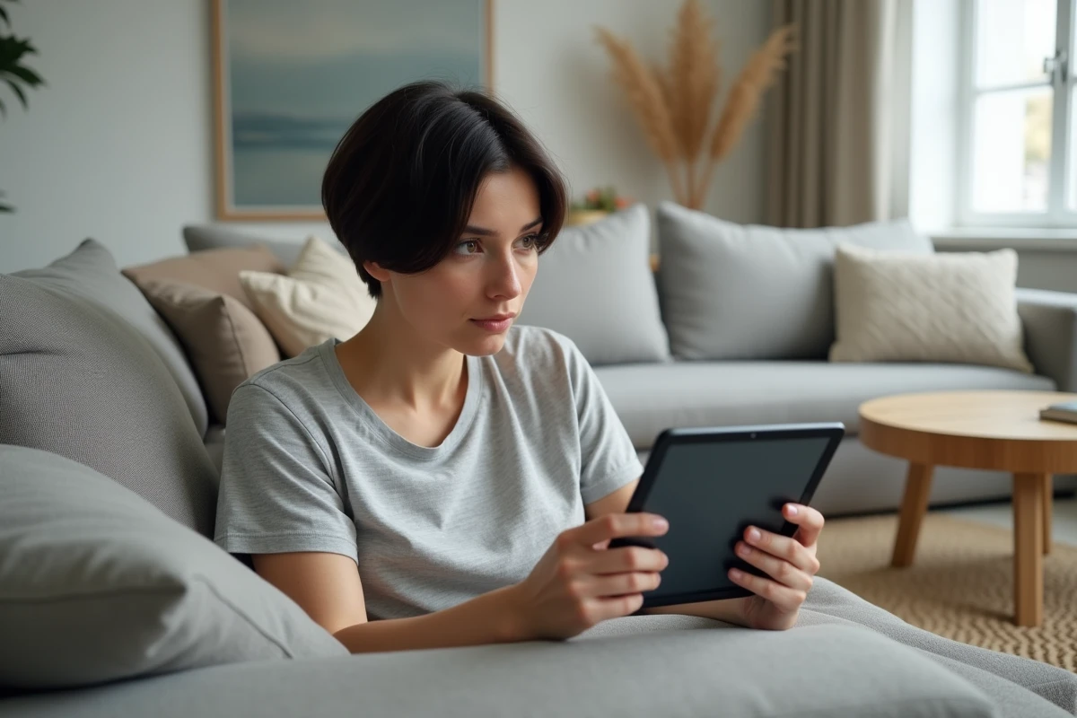 Femme configurant un VPN sur une tablette pour éviter la détection par Netflix dans un salon moderne