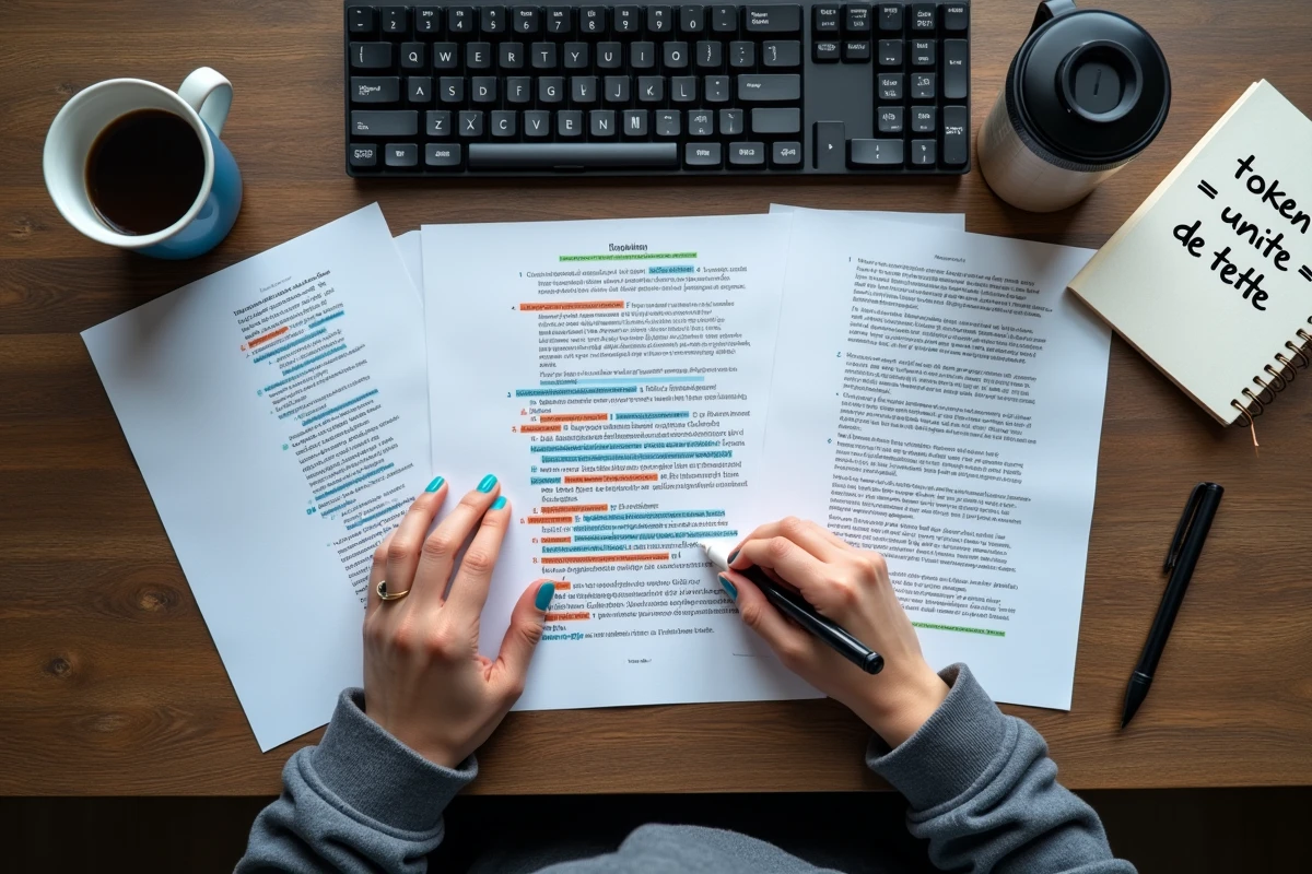 Vue aérienne d'une table de travail avec des feuilles de texte annotées par couleur illustrant les tokens dans un modèle de langage LLM