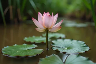 Fleur de lotus rose émergeant d'un étang boueux, symbole de résilience dans la nature