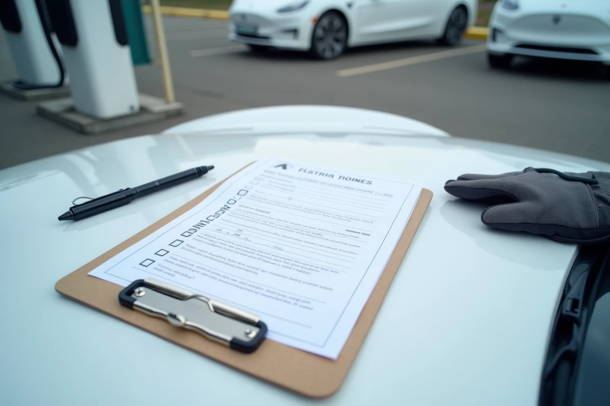 Formulaire de procédure VE sur pince-notes posé sur un véhicule électrique blanc lors d'un contrôle