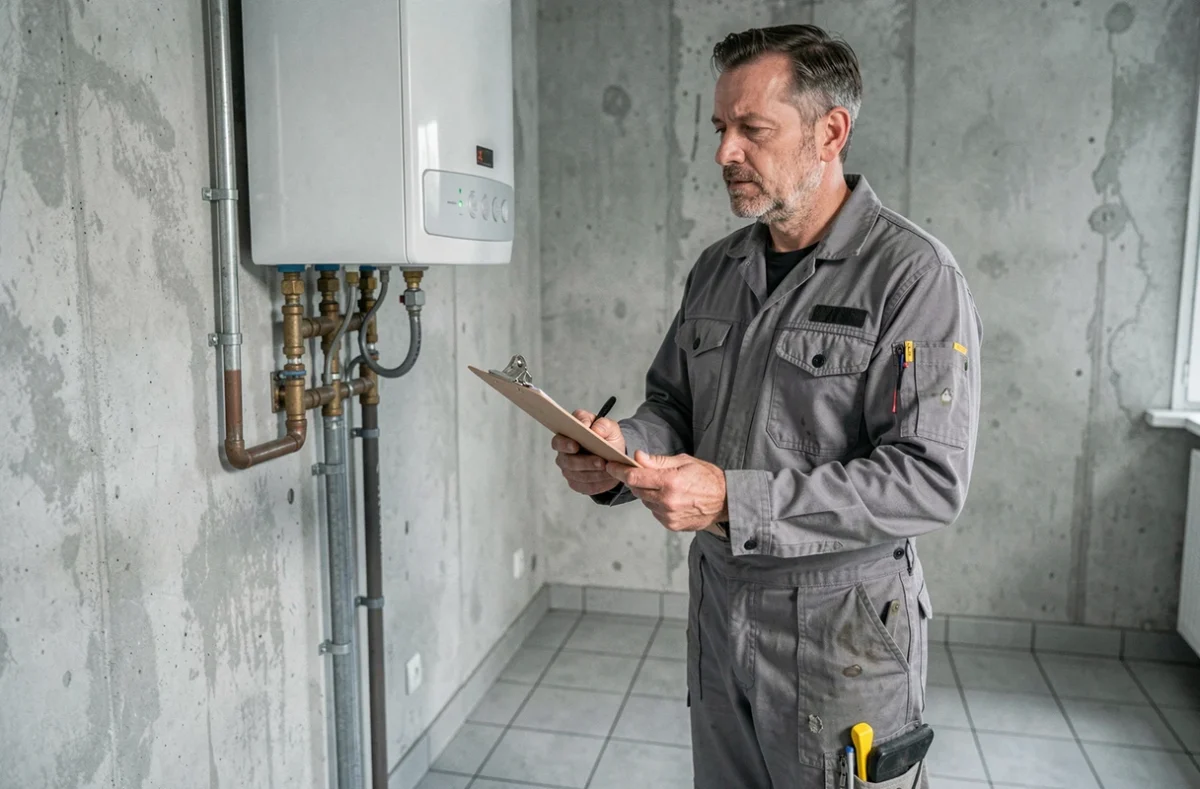Technicien Galland-Michelet EURL inspectant un chauffe-eau dans une buanderie résidentielle