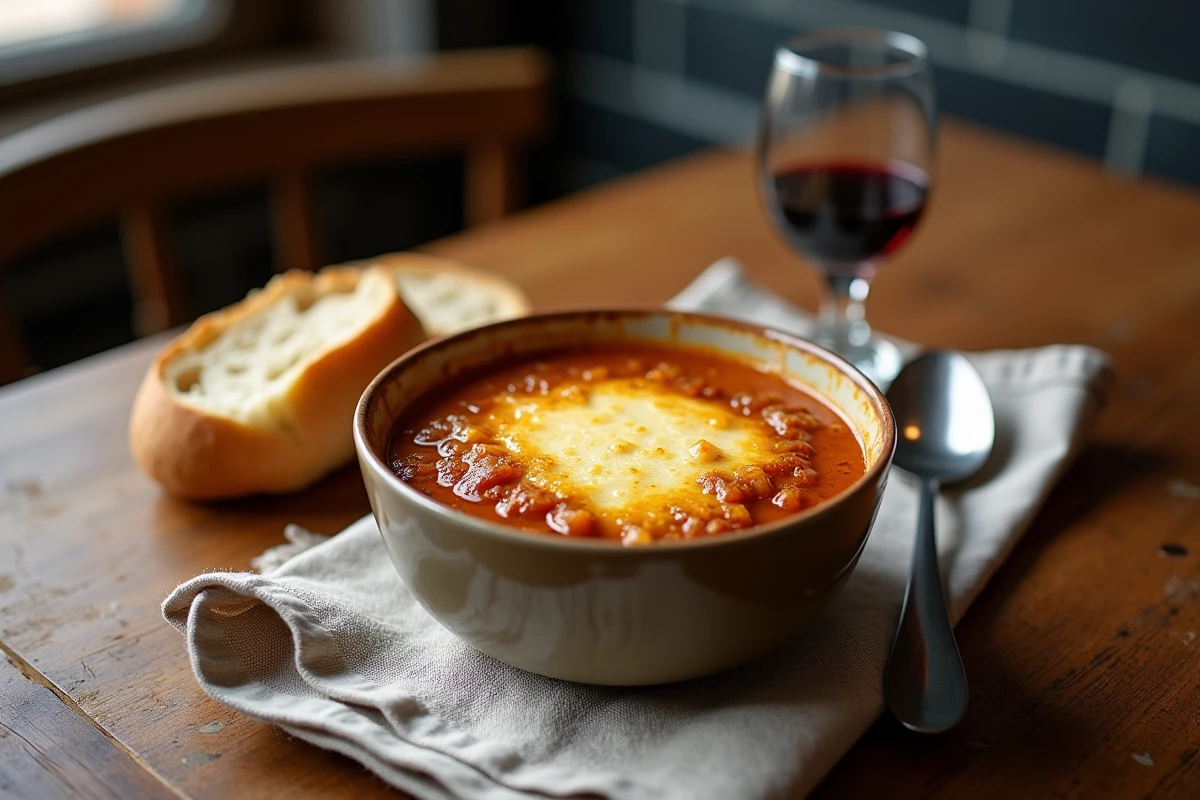Soupe à l'oignon gratinée, baguette et verre de vin rouge sur une table de bistrot français, symbole de la gastronomie pratique et accessible