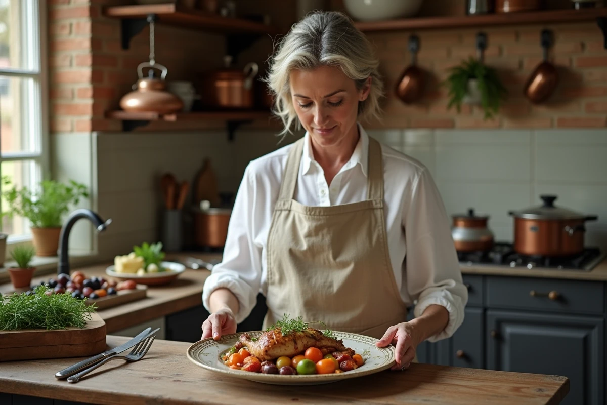 Femme qui dresse une assiette de cuisine maison dans une cuisine française traditionnelle, illustrant la gastronomie pratique du quotidien