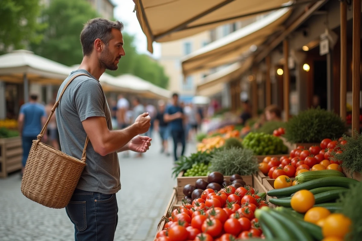 Homme choisissant des légumes frais sur un marché de village français, évoquant l'approche pratique et locale de la gastronomie
