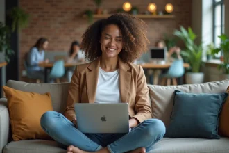 Jeune femme de la génération Y travaillant sur ordinateur portable dans un espace de coworking moderne