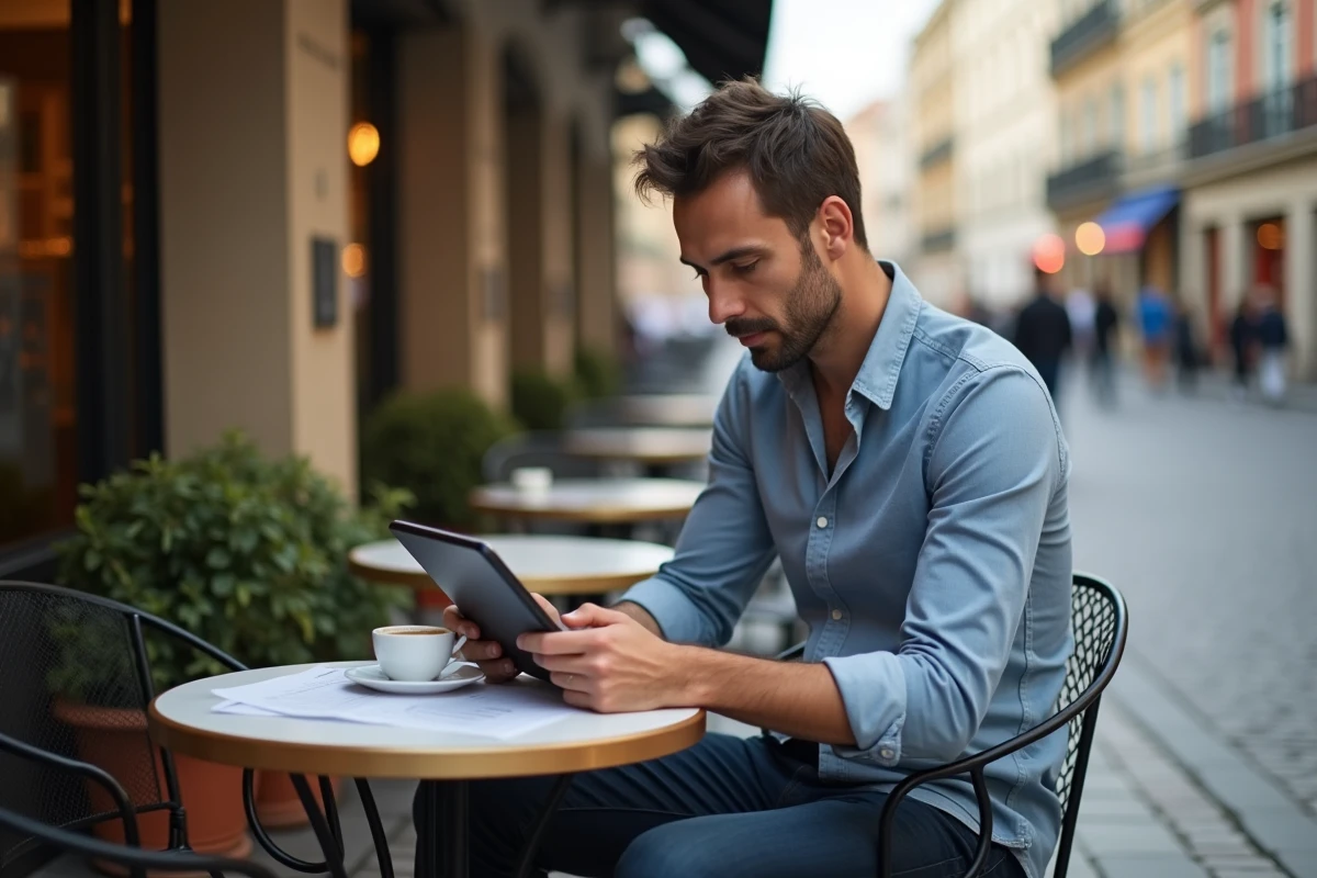 Jeune professionnel de la génération Y travaillant en télétravail depuis une terrasse de café en ville