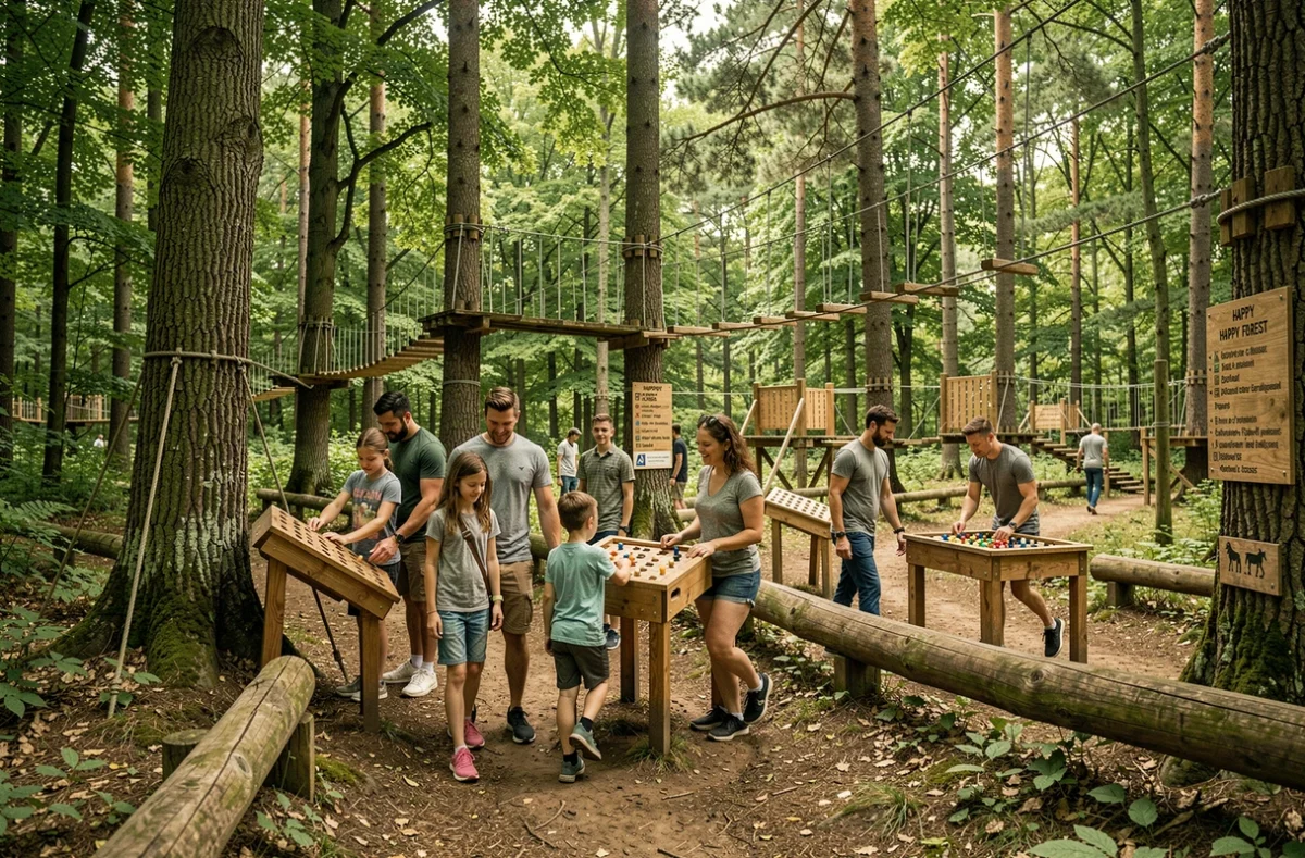 Famille participant aux activités de plein air dans la forêt de Happy Forest à Pont-du-Casse