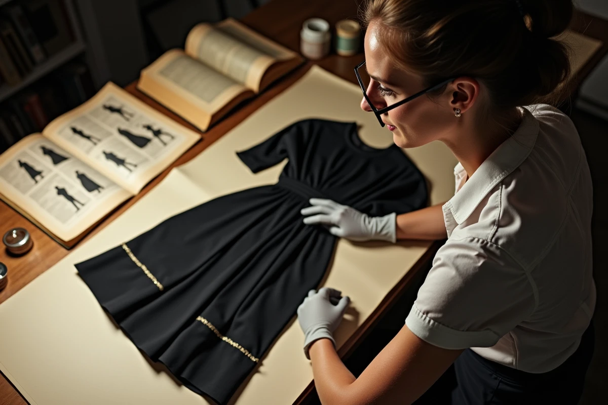 Historienne de la mode examinant une robe noire vintage préservée dans un studio de conservation avec livres de référence et magazines anciens