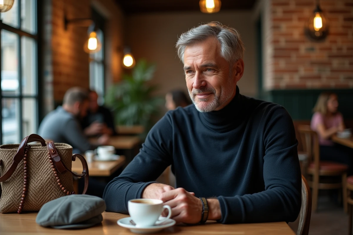 Homme avec bracelet en cuir, collier et chapeau posés sur une table de café parisien