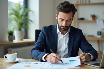 Homme d'affaires analysant des graphiques financiers pour profiter de l'inflation