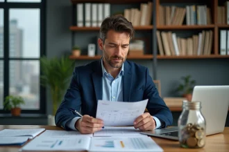 Homme en costume étudiant des documents financiers avec une tirelire remplie de pièces sur un bureau en bois, stratégie de protection de l'épargne