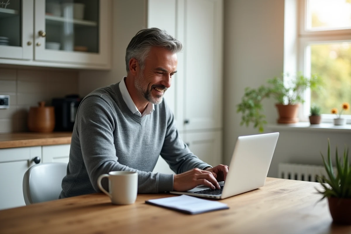 Homme consultant des comparatifs de fonds d'investissement sur ordinateur portable depuis son domicile