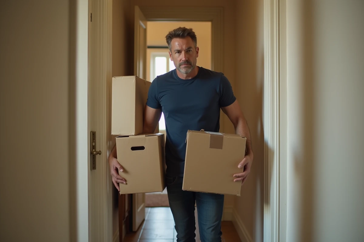 Homme transportant des cartons lors d'un déménagement après une séparation, dans le couloir d'un immeuble résidentiel