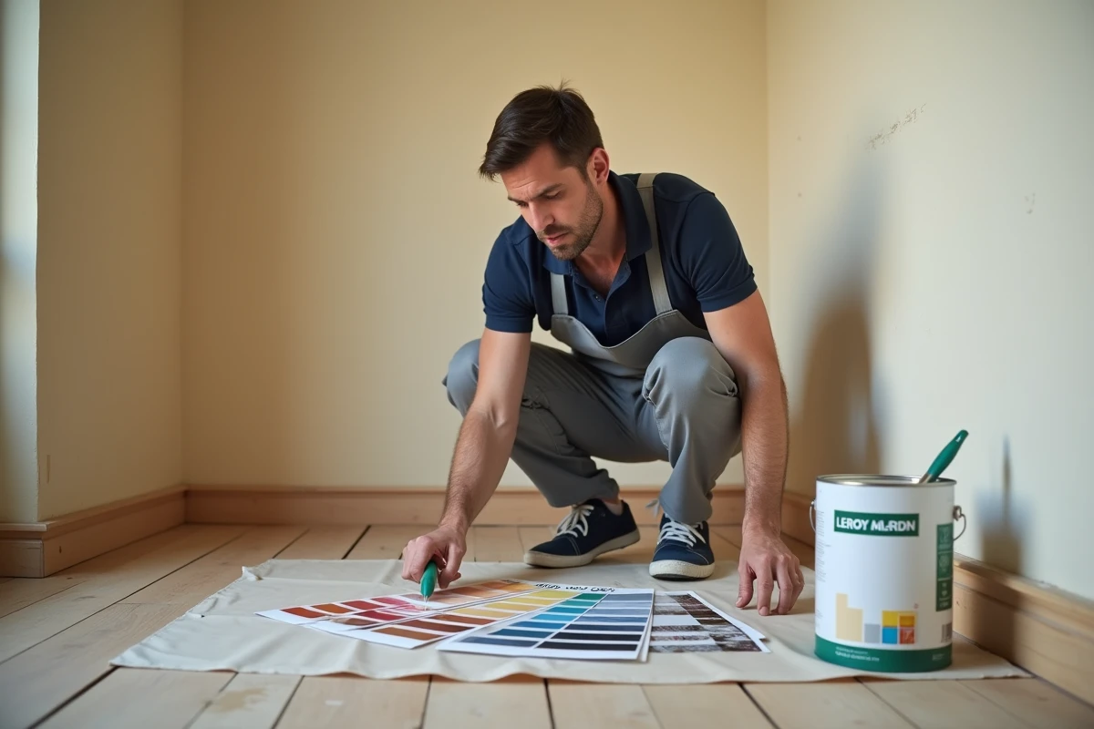 Homme examinant des échantillons de peinture Leroy Merlin dans un salon en cours de rénovation