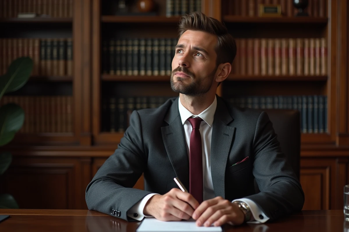 Homme en costume charcoal assis à un bureau en bois dans un bureau raffiné, illustrant l'élégance masculine et le style vestimentaire soigné