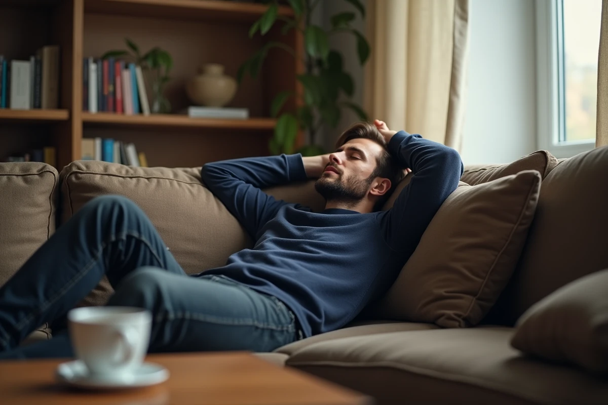 Homme allongé sur un canapé épuisé illustrant les effets d'une sexualité trop fréquente sur l'énergie masculine