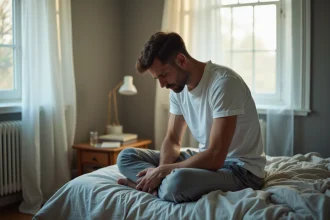 Homme fatigué assis au bord du lit illustrant les conséquences physiques d'une activité sexuelle excessive