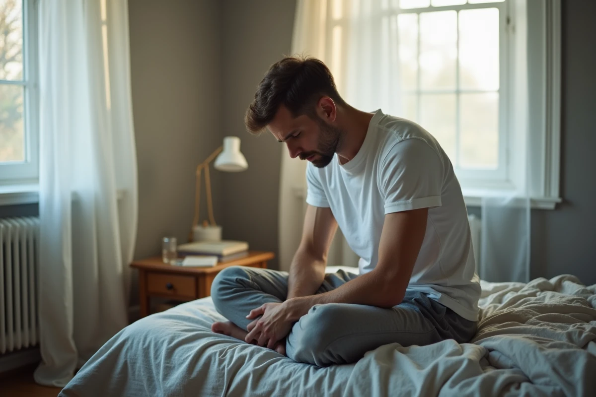 Homme fatigué assis au bord du lit illustrant les conséquences physiques d'une activité sexuelle excessive