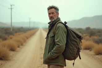 Homme migrant debout à un carrefour sur une route poussiéreuse, portant un sac à dos usé, symbolisant les causes des migrations