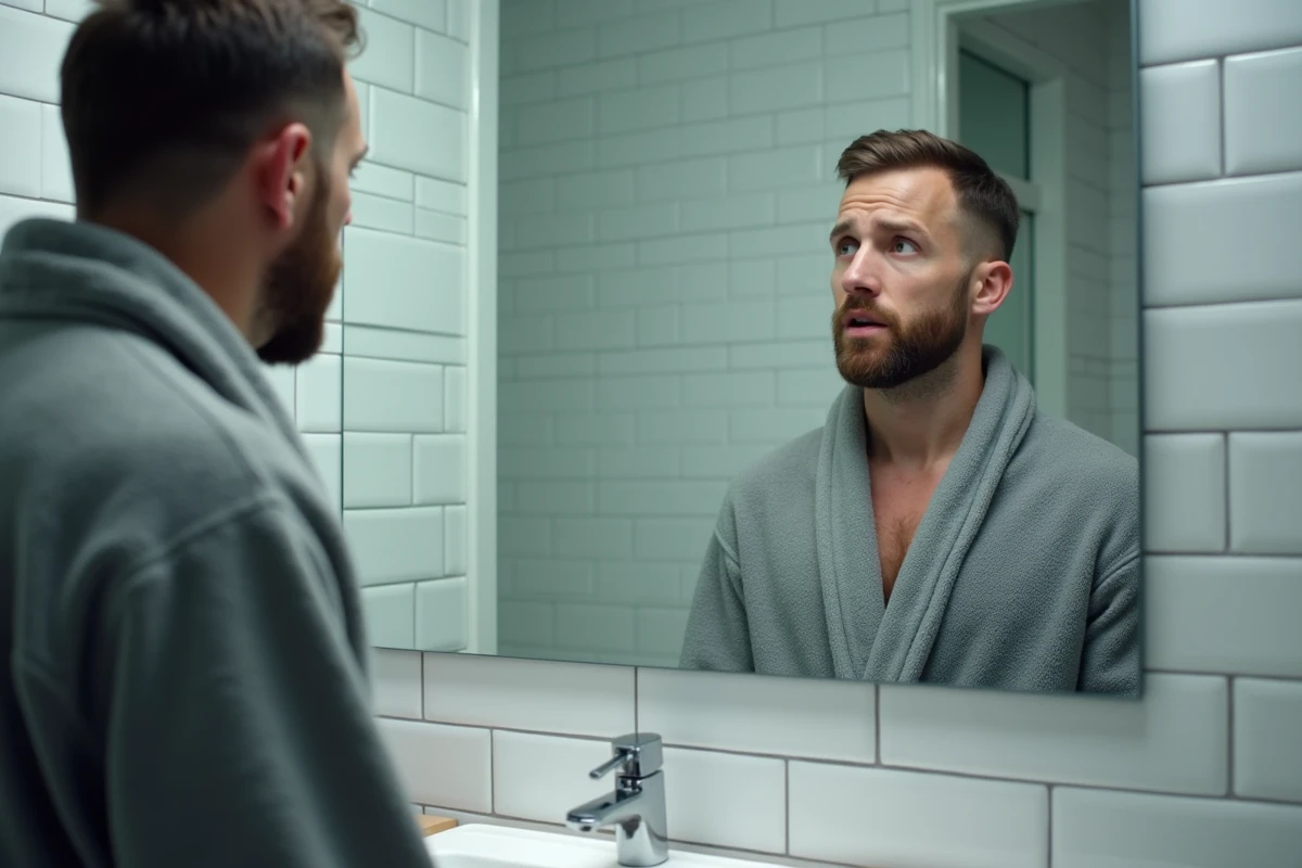 Homme se regardant dans le miroir de salle de bain avec une expression préoccupée liée à la fatigue physique