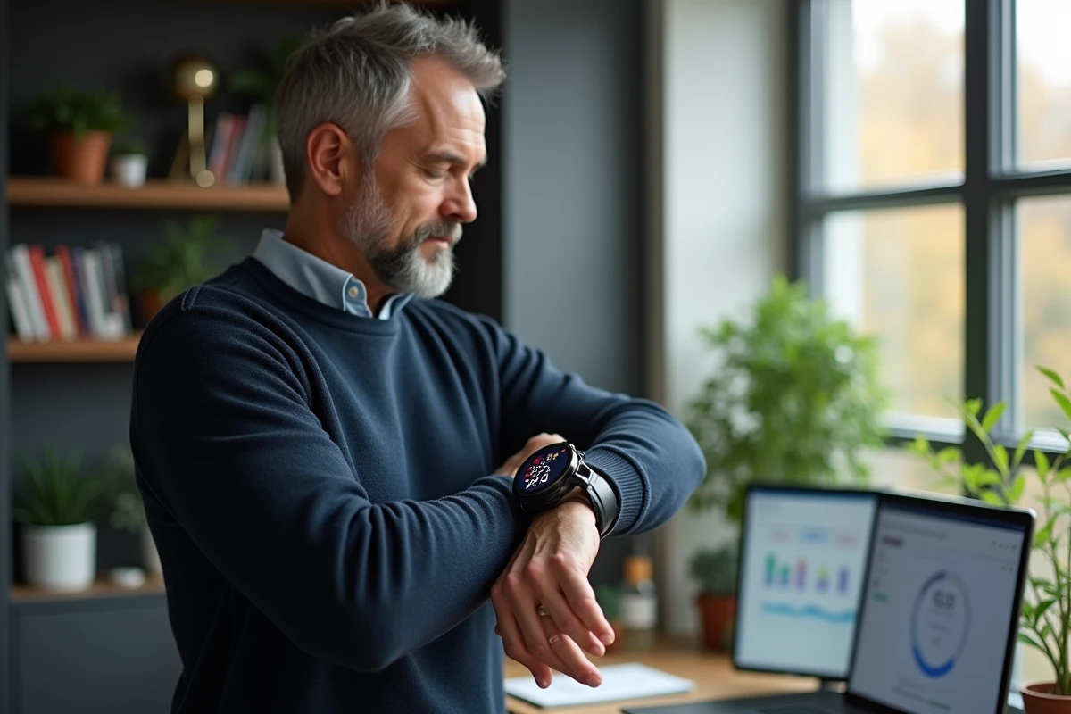 Homme consultant les données de santé connectée sur sa montre intelligente dans un bureau à domicile