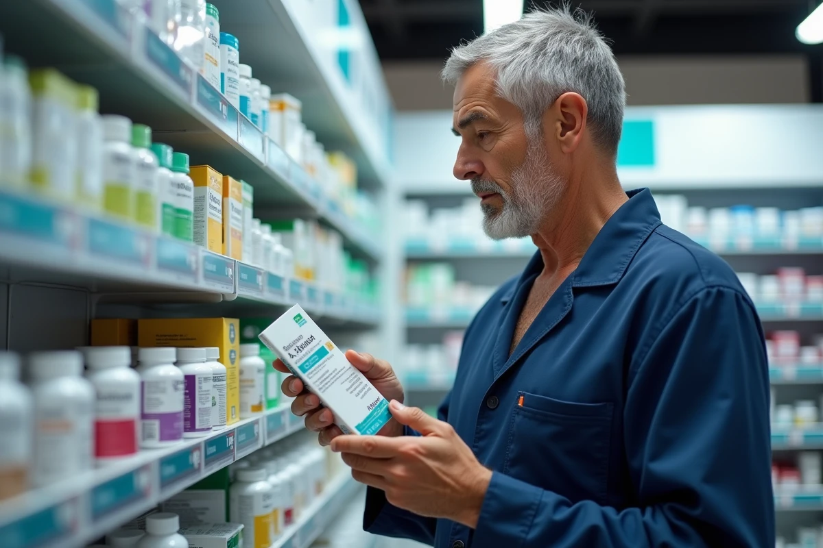 Homme en pharmacie lisant la boîte d'un somnifère sans ordonnance dans le rayon des aides au sommeil