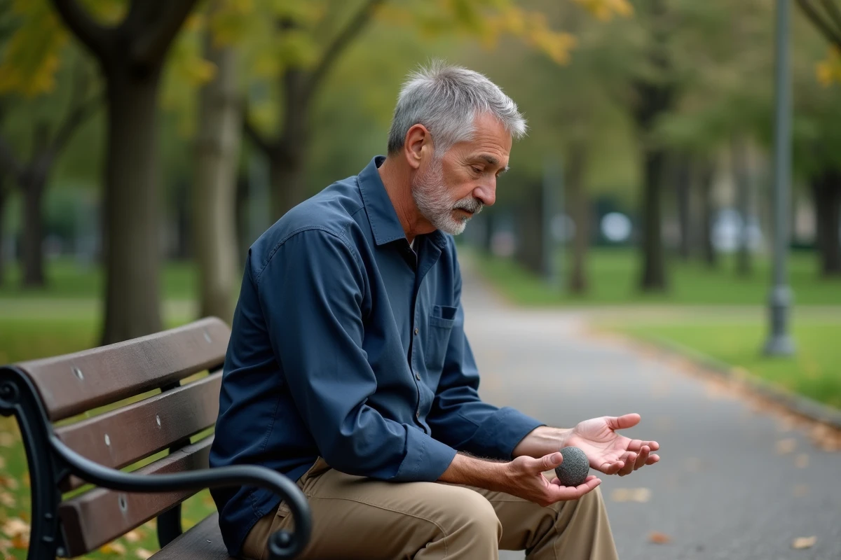 Homme en pleine conscience assis sur un banc dans un parc urbain tenant une pierre dans ses mains avec une expression introspective
