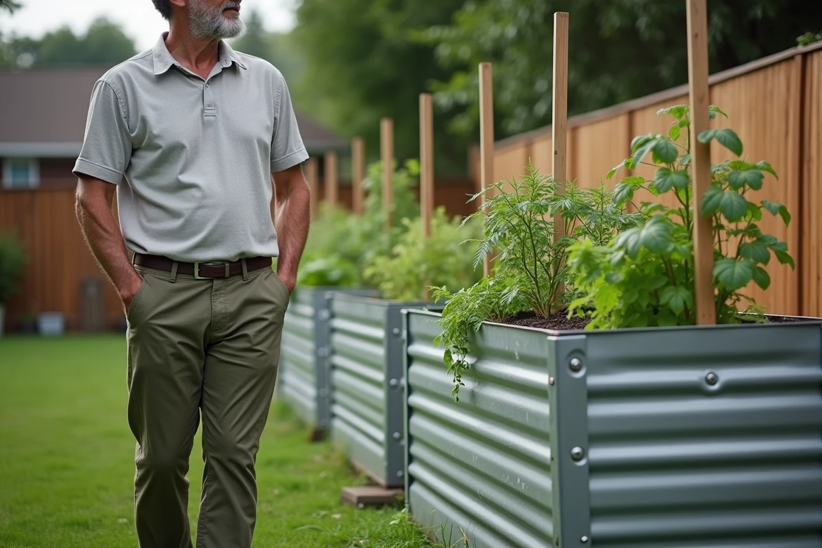 Homme debout près d'un potager surélevé en métal galvanisé dans un jardin avec pelouse et clôture en bois
