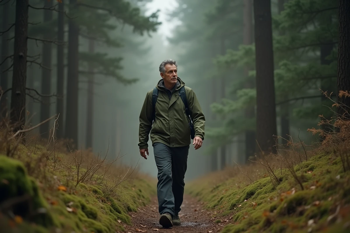 Homme se promenant seul dans une forêt verdoyante pour soulager le stress et retrouver la sérénité