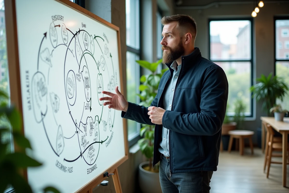 Homme d'affaires présentant des stratégies de croissance durable devant un tableau blanc dans un espace de coworking moderne