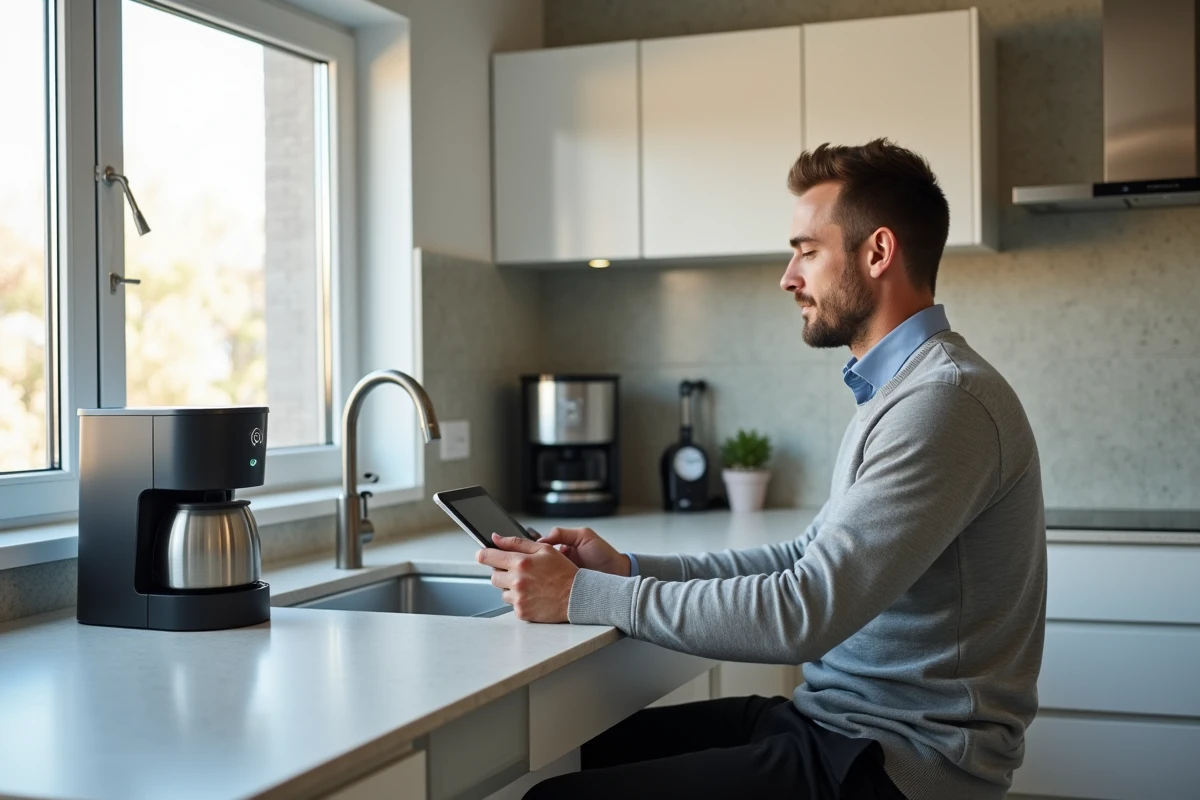 Homme contrôlant des appareils connectés via une tablette dans une cuisine équipée en domotique