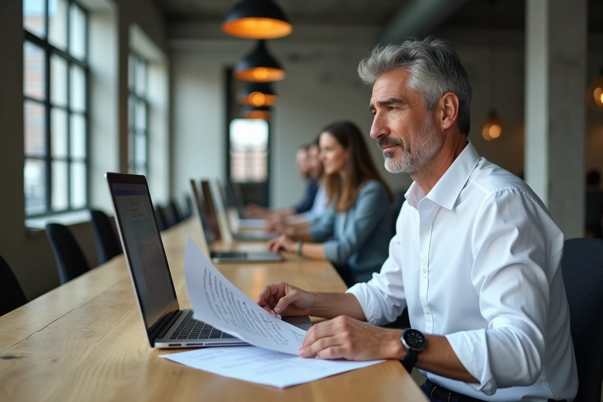 Homme en télétravail dans un espace de coworking moderne consultant des documents imprimés avec plusieurs écrans