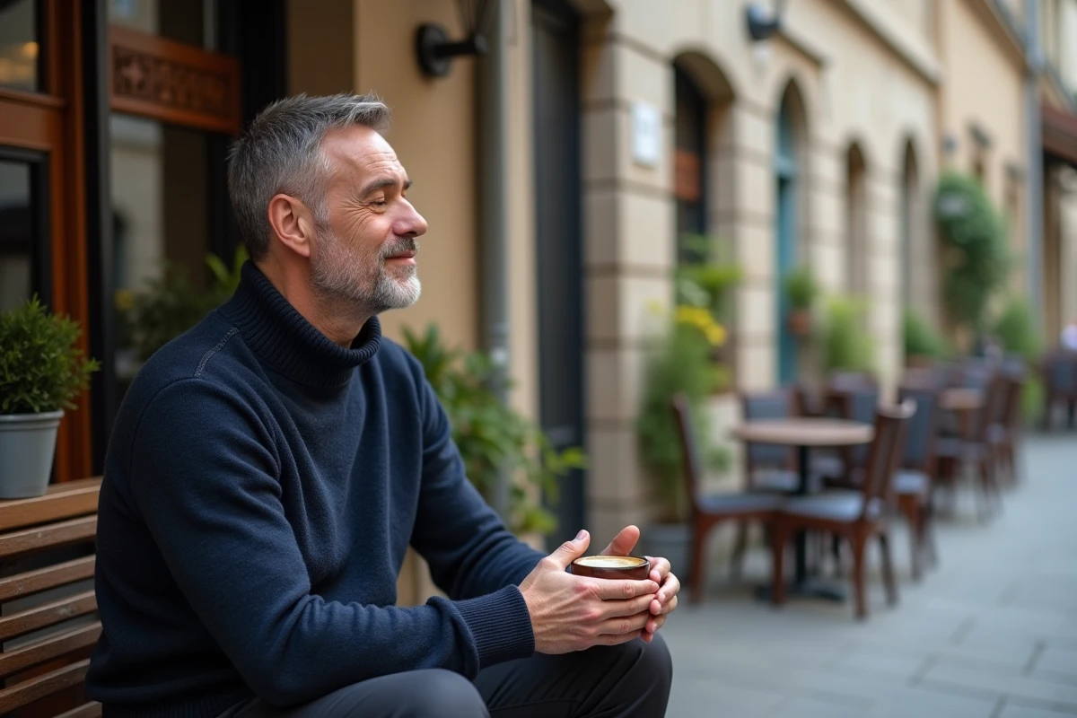 Homme assis en terrasse de café savourant un moment de calme à l'extérieur pour soulager le stress du quotidien
