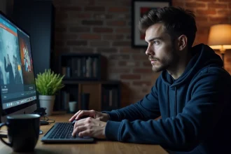 Homme utilisant un VPN sur son ordinateur portable pour contourner la détection Netflix en soirée dans un bureau à domicile