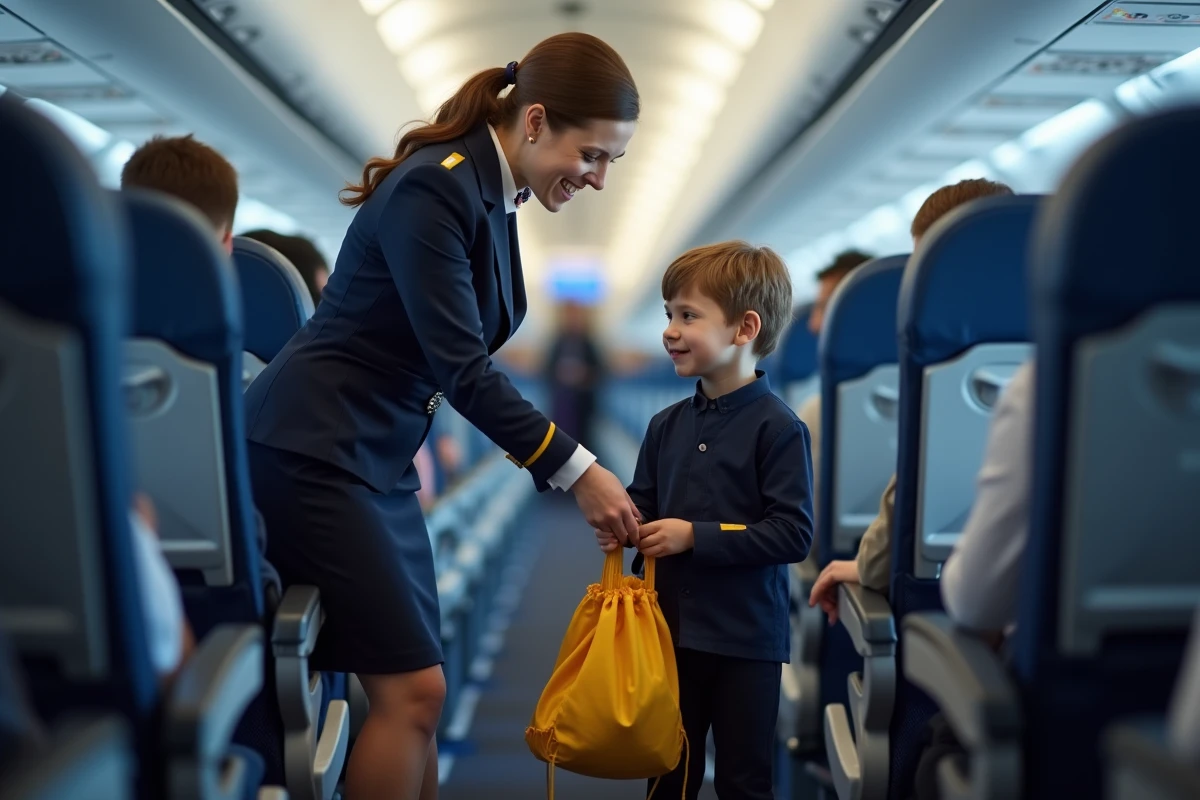 Hôtesse de l'air accompagnant un jeune enfant voyageant seul à bord d'un avion commercial et l'aidant à trouver son siège