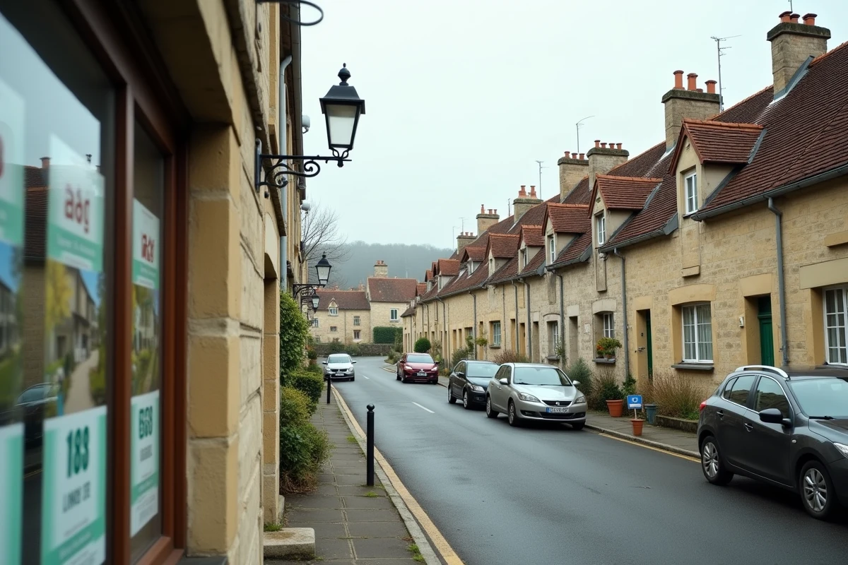 Quartier résidentiel calme avec maisons traditionnelles et agence immobilière affichant des prix abordables dans une ville de province en France