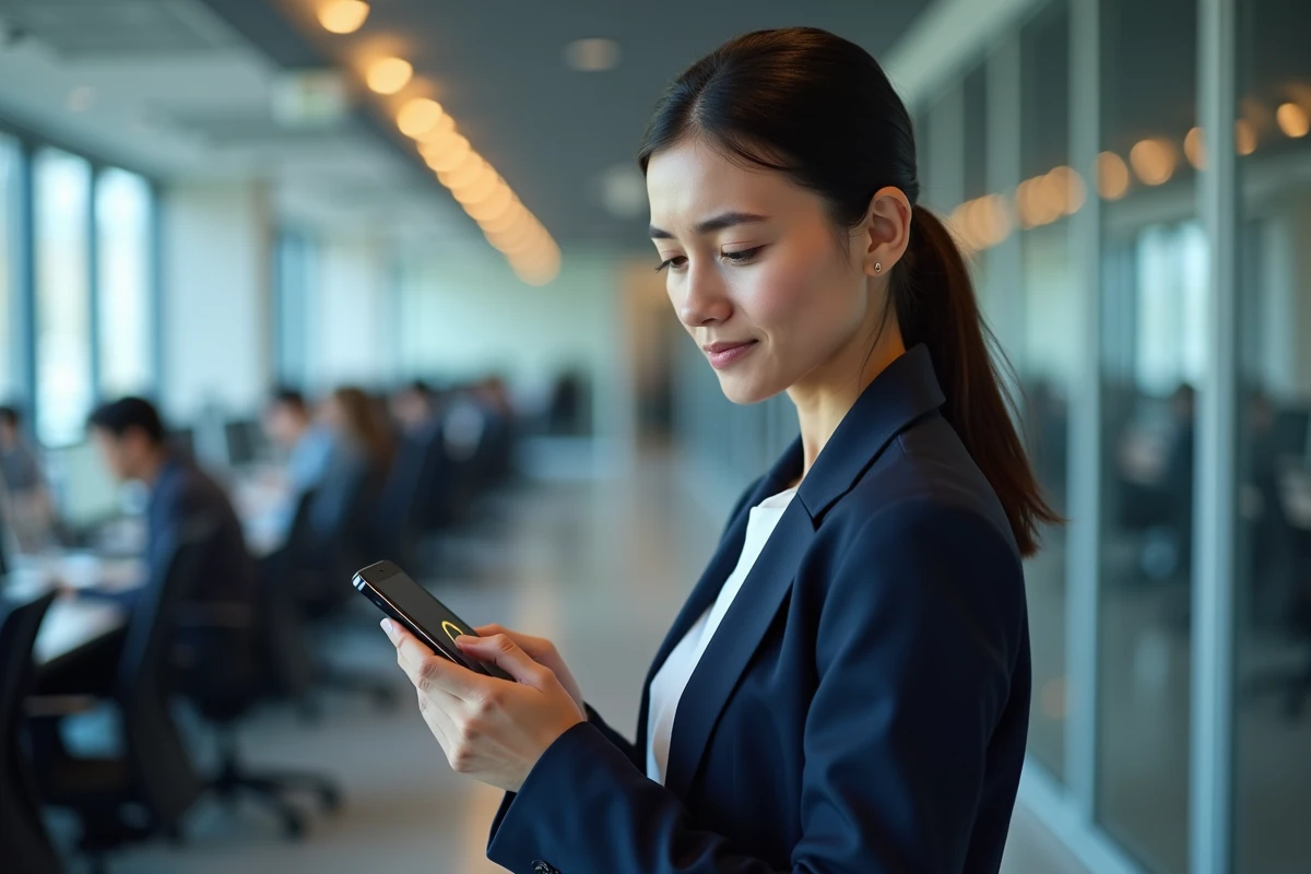 Femme impatiente avec un smartphone montrant un chargement lent dû à un VPN en entreprise
