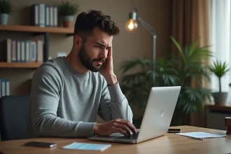 Homme frustré devant un ordinateur portable affichant des avertissements de connexion VPN