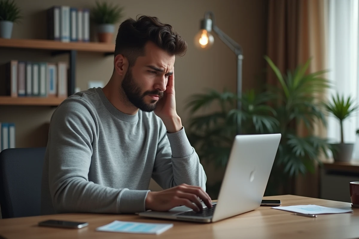 Homme frustré devant un ordinateur portable affichant des avertissements de connexion VPN