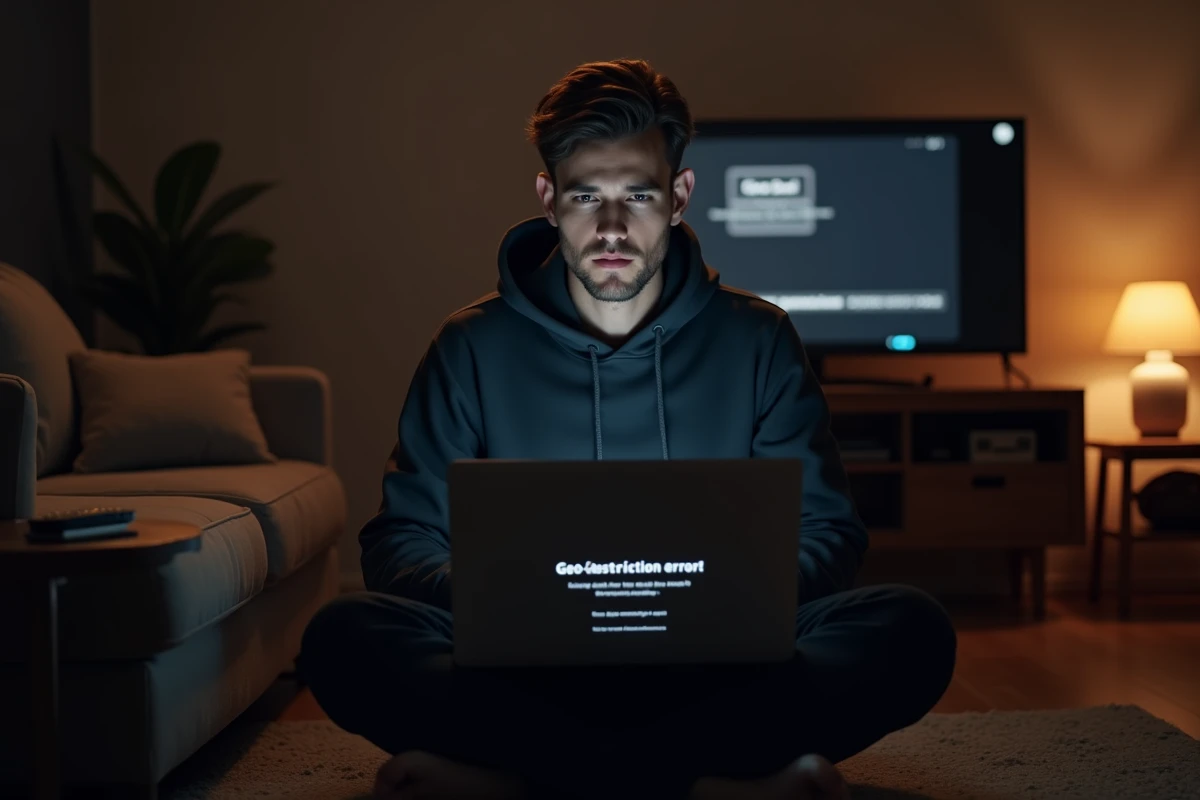 Jeune homme confronté à un message d'erreur de restriction géographique en utilisant un VPN depuis son salon