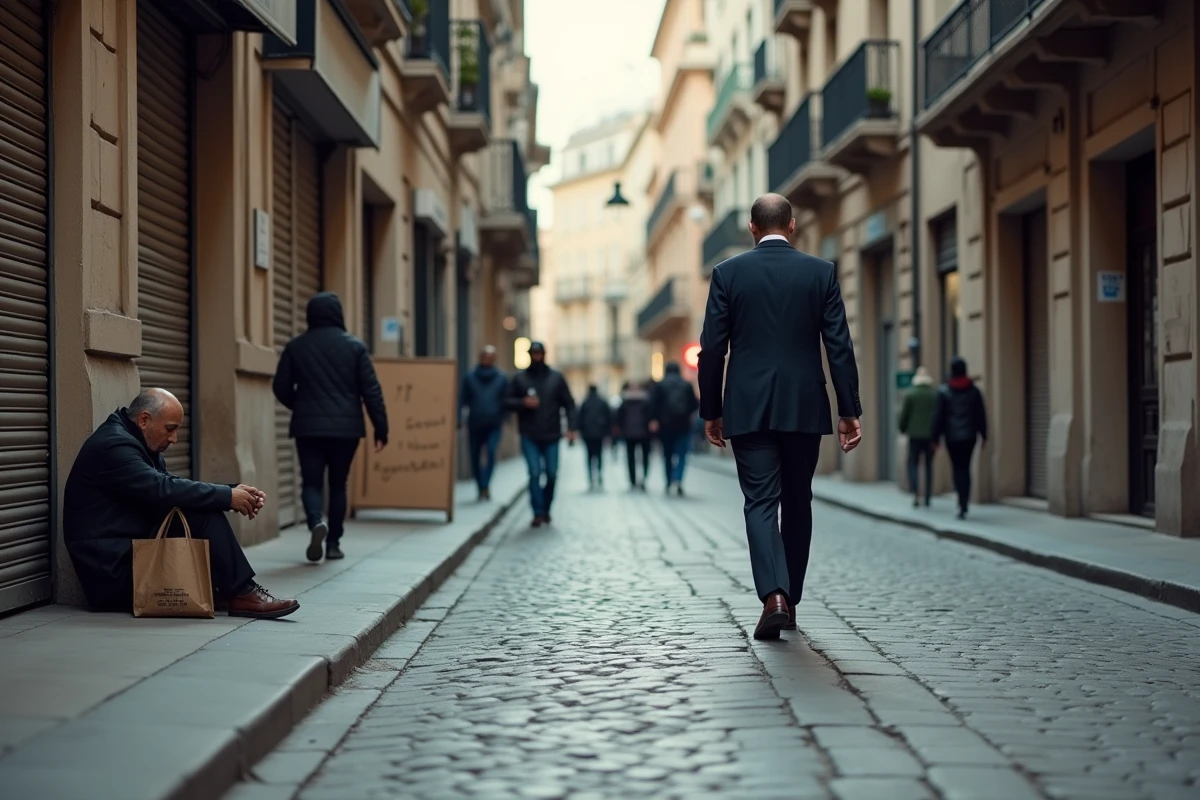 Scène de rue urbaine illustrant le contraste entre richesse et précarité sociale dans une ville européenne