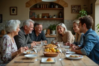 Famille multigénérationnelle autour d'une table en bois, grand-mère et parents discutant avec des jeunes adultes dans une cuisine rustique chaleureuse