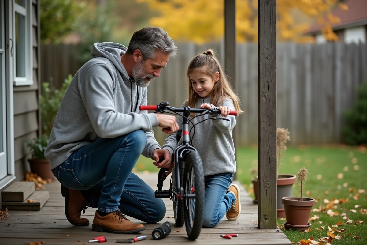 Père et fille adolescente réparant un vélo ensemble sur une terrasse en automne, symbolisant la transmission des valeurs familiales